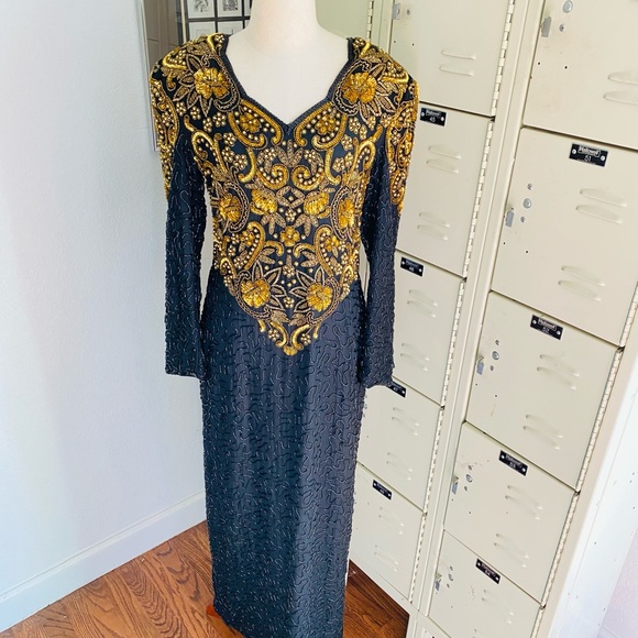 Scala Dresses & Skirts - Scala Black and Gold Beaded Sequined Long Dress Gown size Small